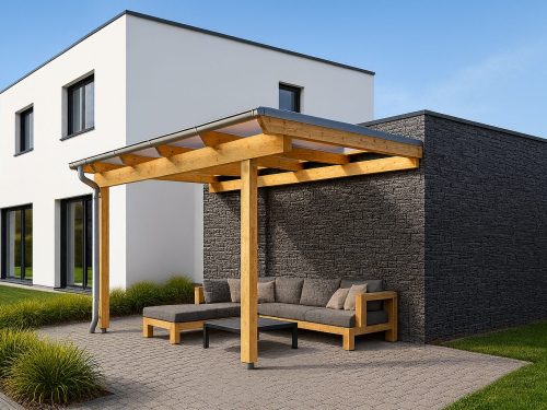 Terrassenüberdachung aus Leimbinderholz mit Stegplatten