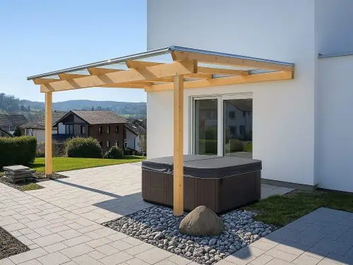 Terrassenüberdachung aus Leimbinderholz mit VSG Glas